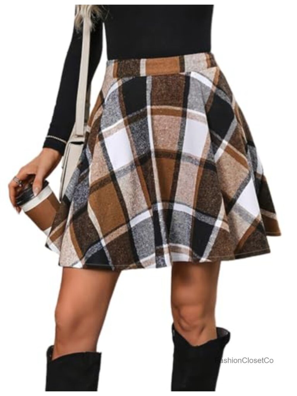 High Waisted Plaid Mini Skirt Women A-Line Flared Wool Blend Zipper